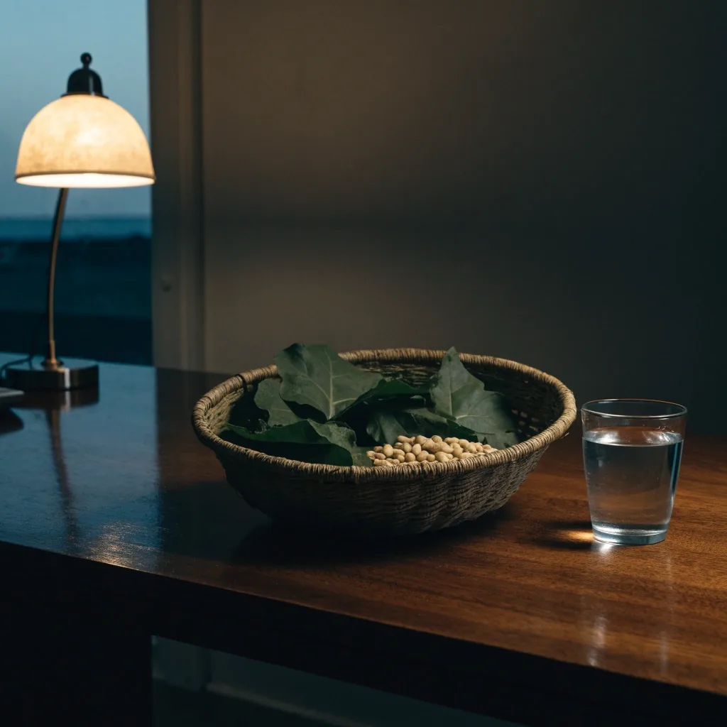 A quiet editorial desk at dusk with paper, a glass of water and a dimmed lamp