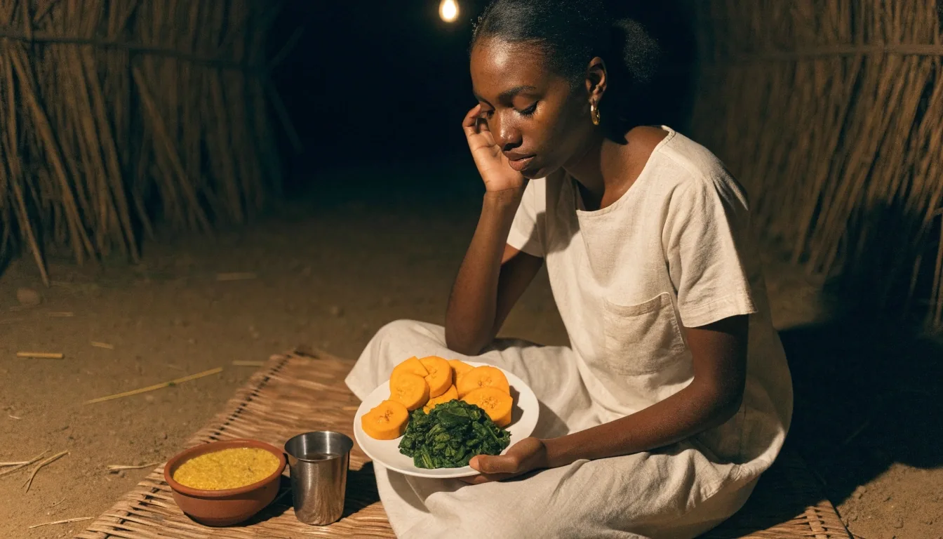 A nutritionist's consult desk under a warm lamp at night in Lobatse