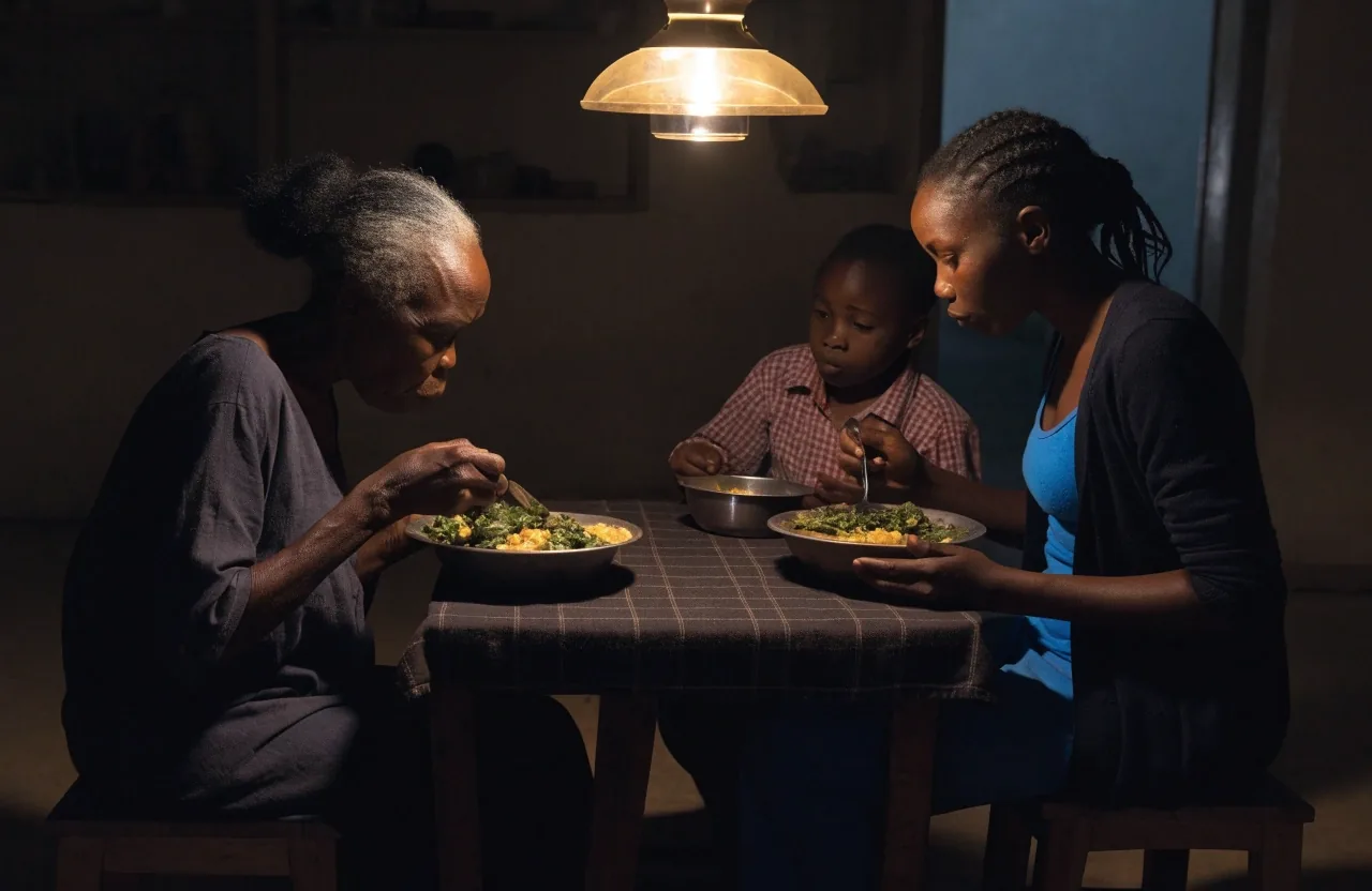 A family sharing one evening meal at the same table, including a young child