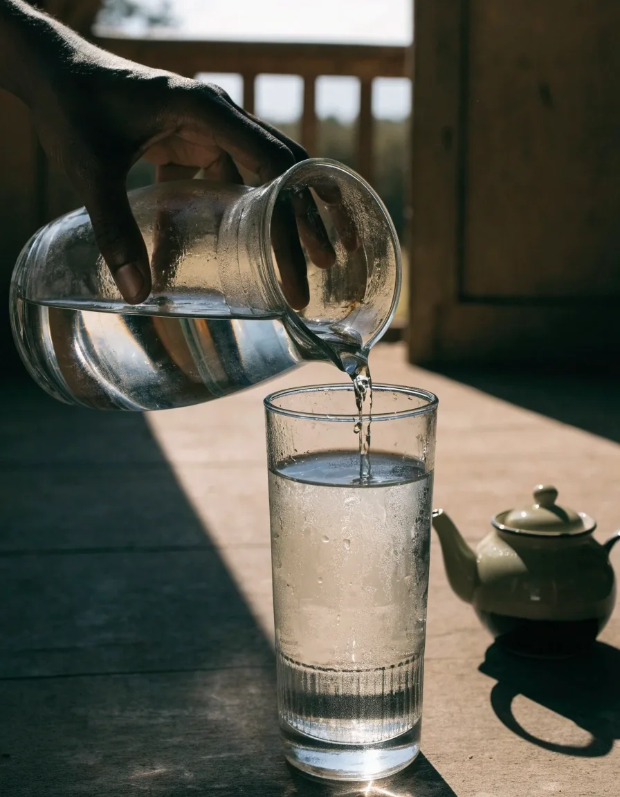A glass of water and a small pot of unsweetened tea on a table in the heat
