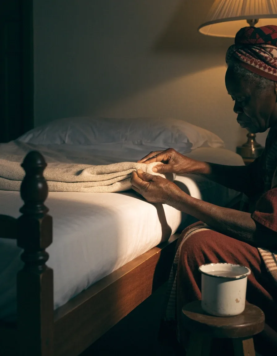 A bedside table at night with a glass of water and a lamp turned low