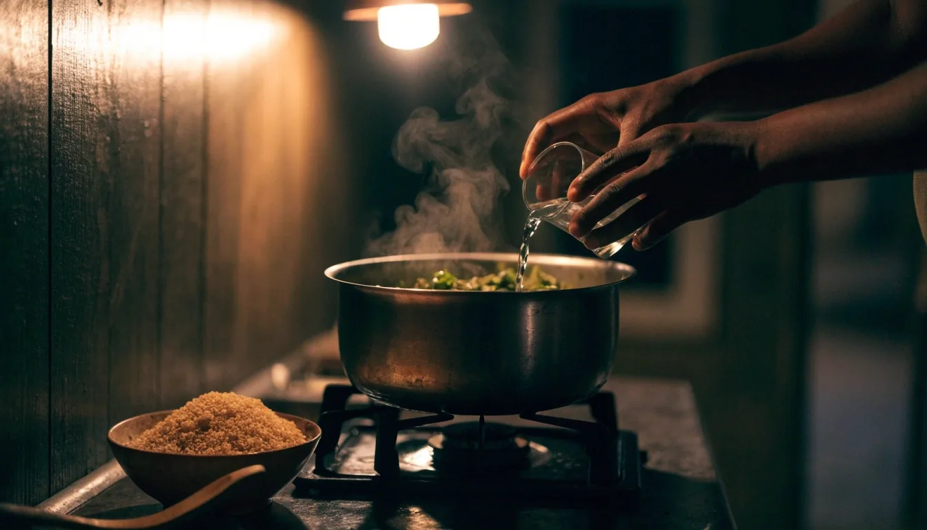 Evening kitchen counter in a Botswana home with a glass of water, cooked sorghum and fresh spinach under a single warm lamp