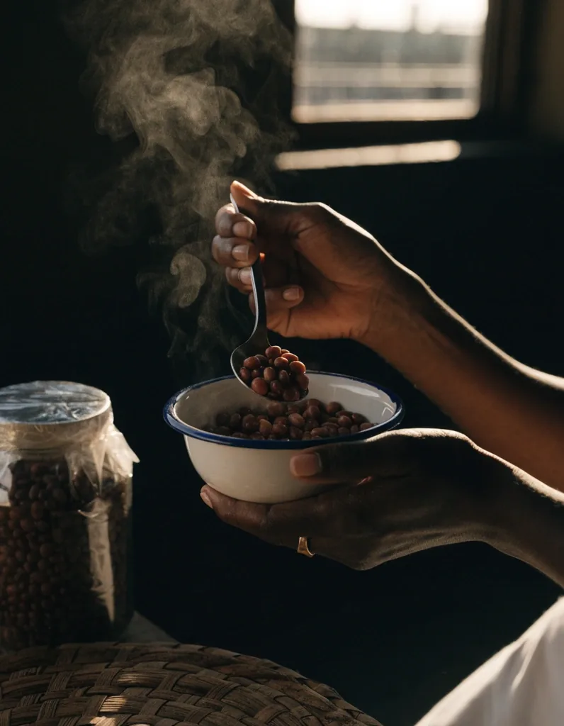 A small bowl of cooked beans in warm low light